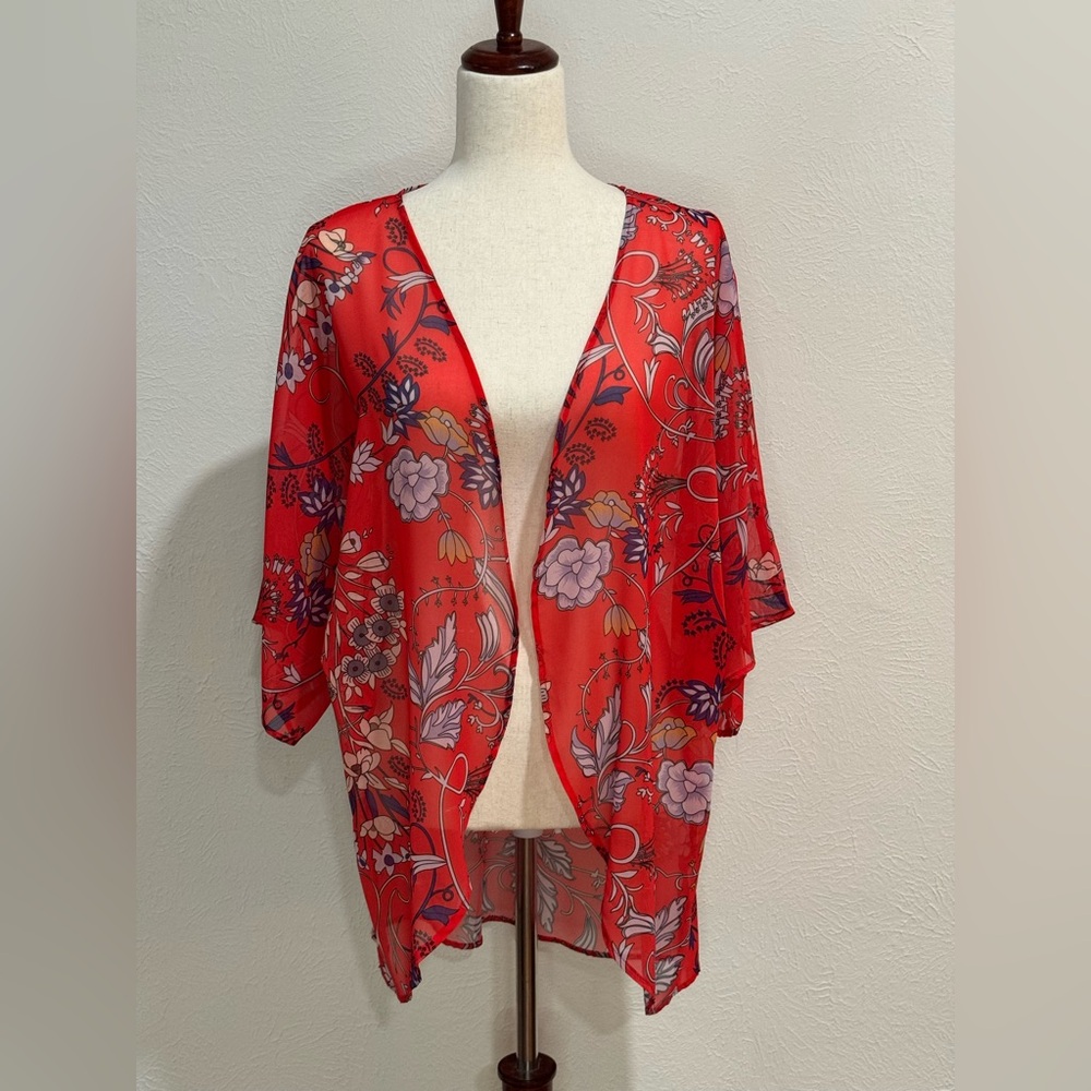 Floral Red Kimono Shrug One Size